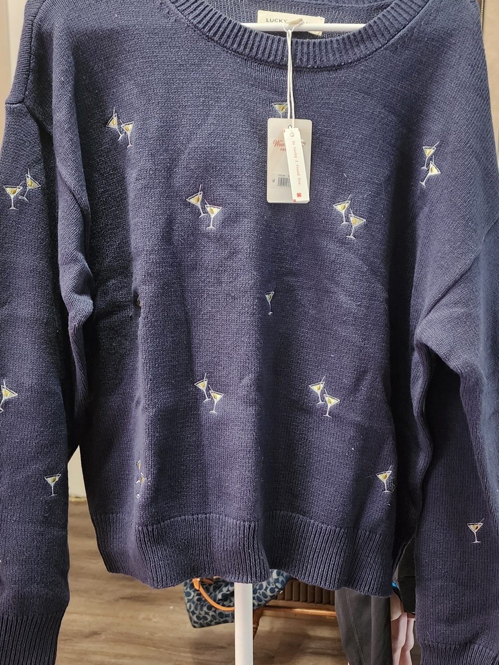 Lucky Brand Women's Navy Crewneck Sweater with Martini Embroidery Sz XL
